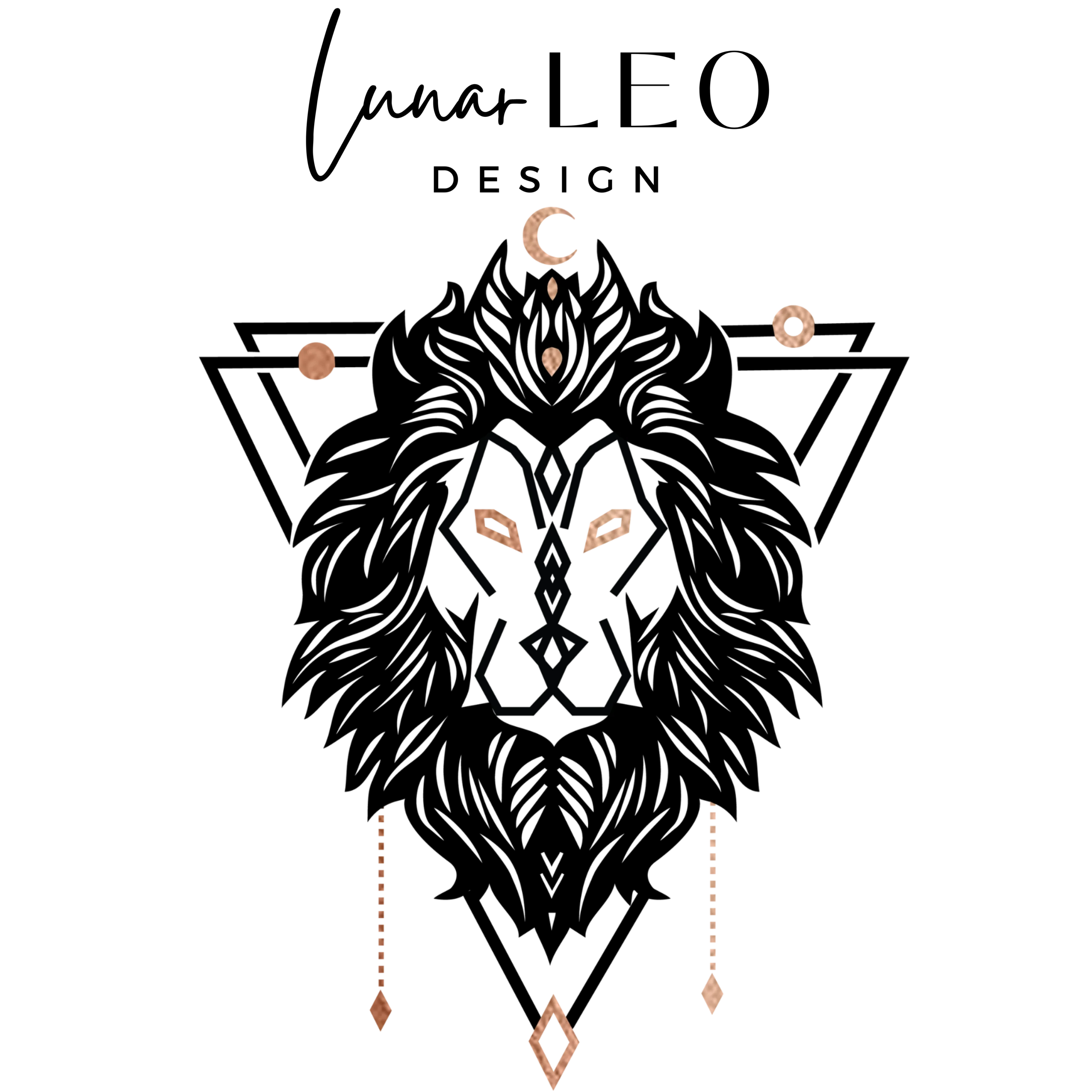 Lunar Leo Design minimalist fox logo with moon and geometric line art in black and copper tones on a transparent background