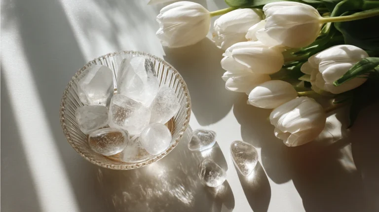 Clear quartz tumbles in a glass bowl beside white tulips with soft sunlight and shadows across a white surface, creating a calm crystal flat lay aesthetic.