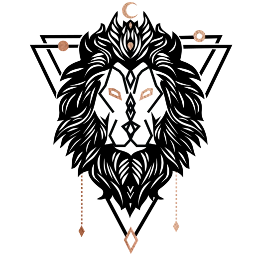 Lunar Leo Design logo featuring a geometric fox mark with celestial moon and copper-toned decorative elements on a transparent background