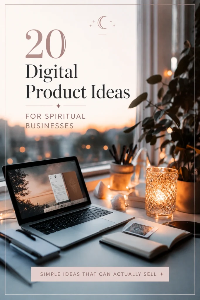 Pinterest-style graphic featuring a cozy evening workspace with a laptop, candlelight, crystals, fairy lights, and plants by a window at sunset. Large text reads “20 Digital Product Ideas for Spiritual Businesses” with smaller text saying “Simple ideas that can actually sell.”
