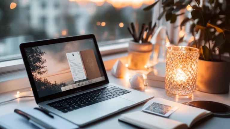 Cozy evening desk setup with an open laptop by a window, warm candlelight, fairy lights, crystals, a notebook, and houseplants. The softly blurred city lights outside create a calm, creative atmosphere.
