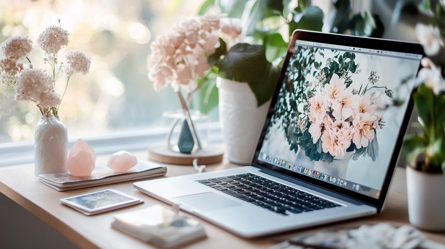 Feminine creative workspace with laptop displaying floral design, soft natural lighting, crystals and flowers on a desk, and pastel aesthetic for content creation, blogging, or small business branding