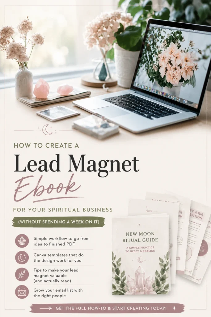 Pinterest-style graphic for a spiritual business lead magnet ebook. Features a soft neutral workspace with a laptop, flowers, crystals, and printable workbook pages. Text highlights creating a lead magnet ebook using Canva templates, simple workflows, and email list growth strategies.
