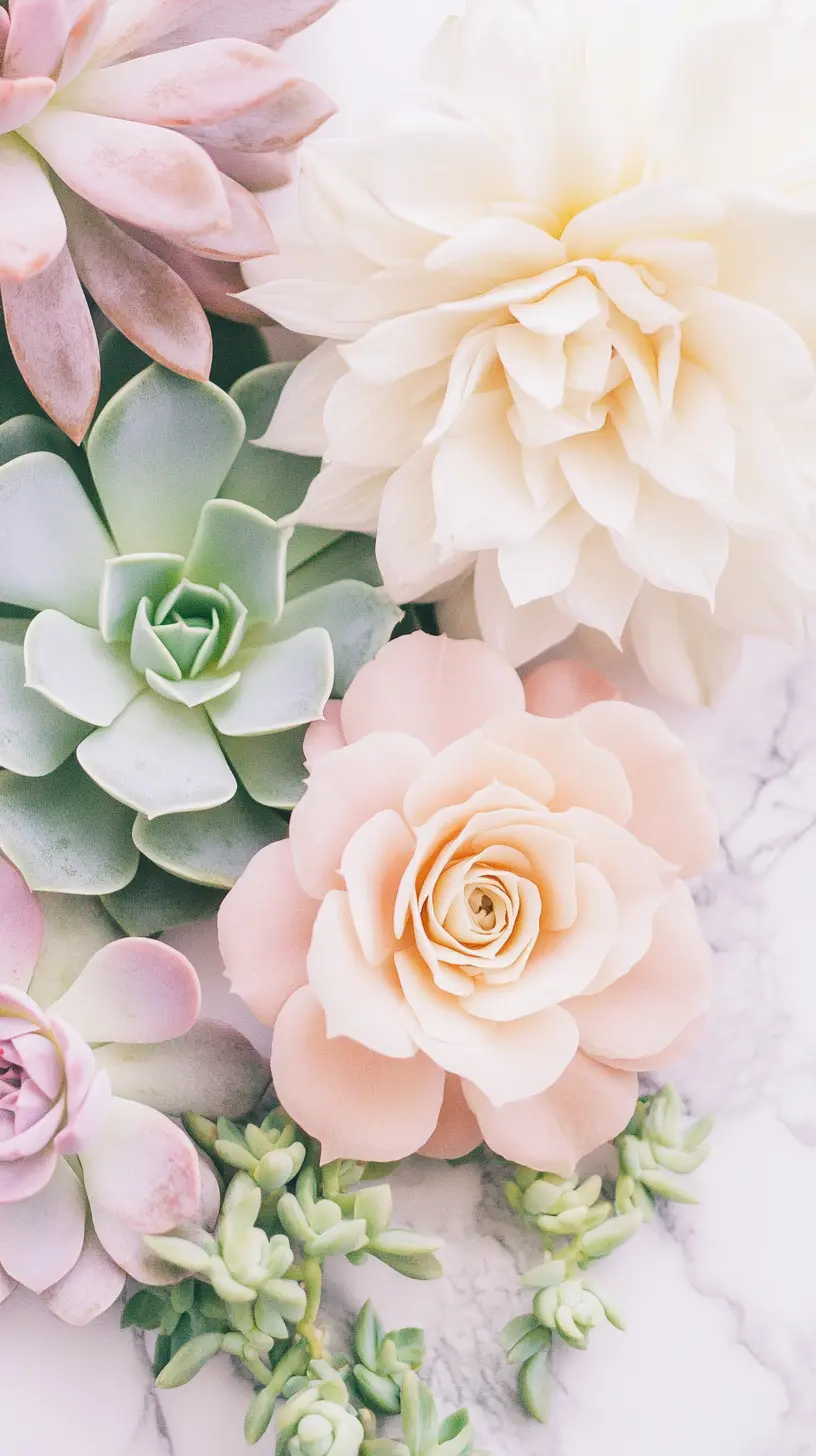 Pastel succulent and floral flat lay with blush roses and soft green succulents on a marble background