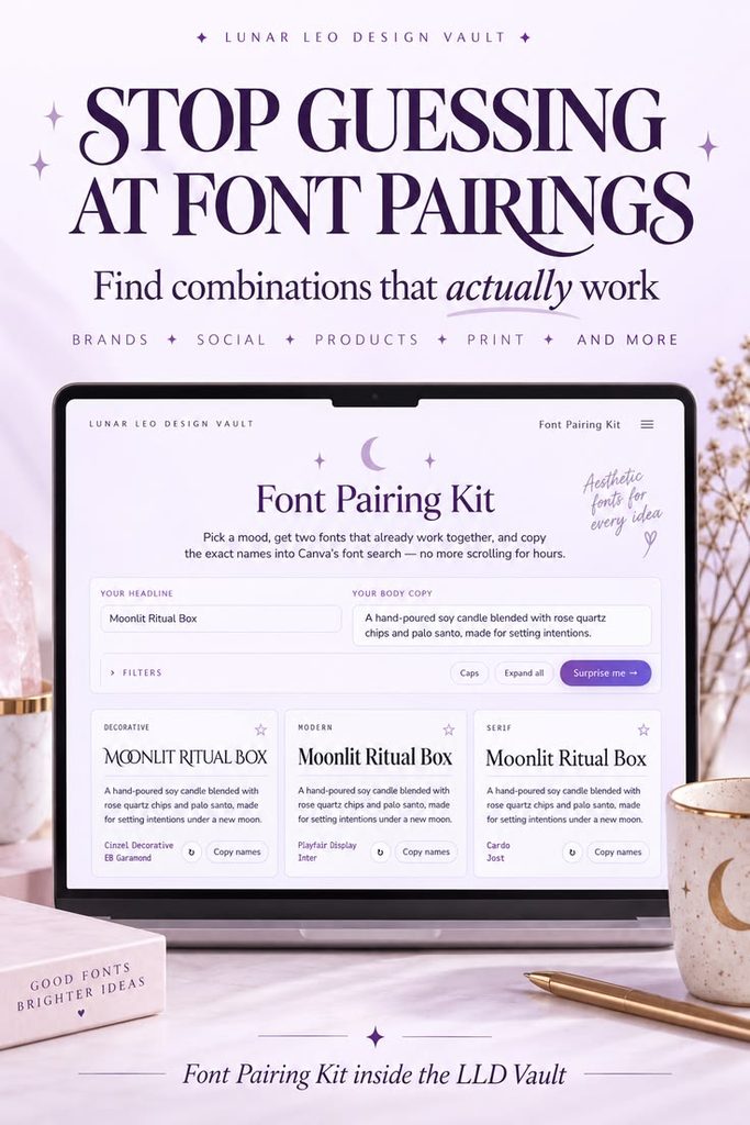 Pinterest graphic reading "Stop guessing at font pairings" with a laptop showing the Font Pairing Kit inside the Lunar Leo Design Vault