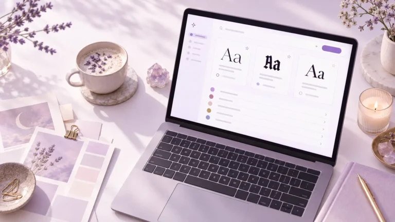 Lifestyle workspace with a laptop displaying Canva font pairing examples, surrounded by crystals, books, a mug, notebook, and lavender decor. Text reads “Font Pairings: How to choose fonts that actually work together.”