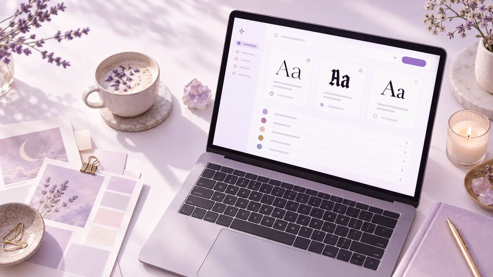 Lifestyle workspace with a laptop displaying Canva font pairing examples, surrounded by crystals, books, a mug, notebook, and lavender decor. Text reads “Font Pairings: How to choose fonts that actually work together.”