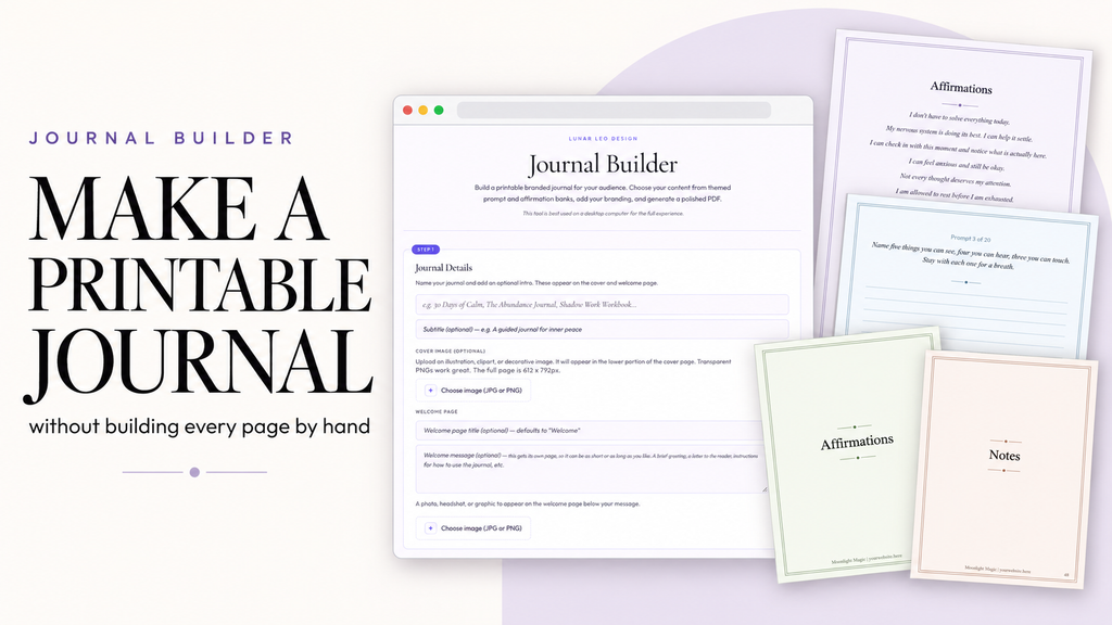 The Journal Builder tool next to finished affirmation and notes journal pages