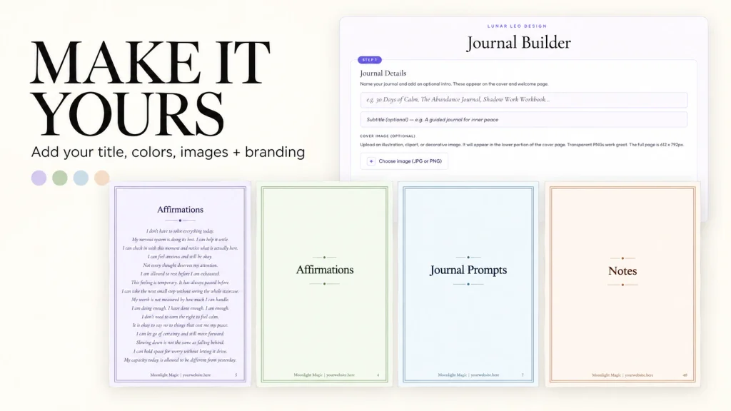 Journal pages in different colors with a custom title and branding