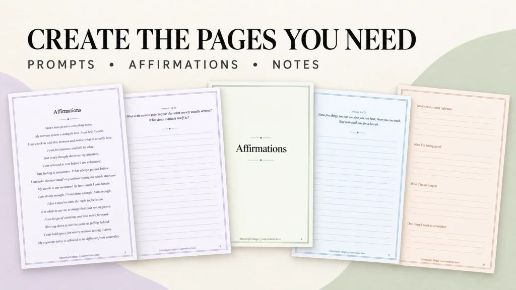 Prompt, affirmation, and notes pages created with the Journal Builder