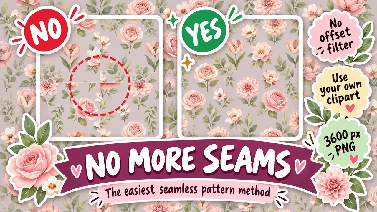 No more seams: a seamless floral pattern with no visible seam lines, compared with one that shows seams
