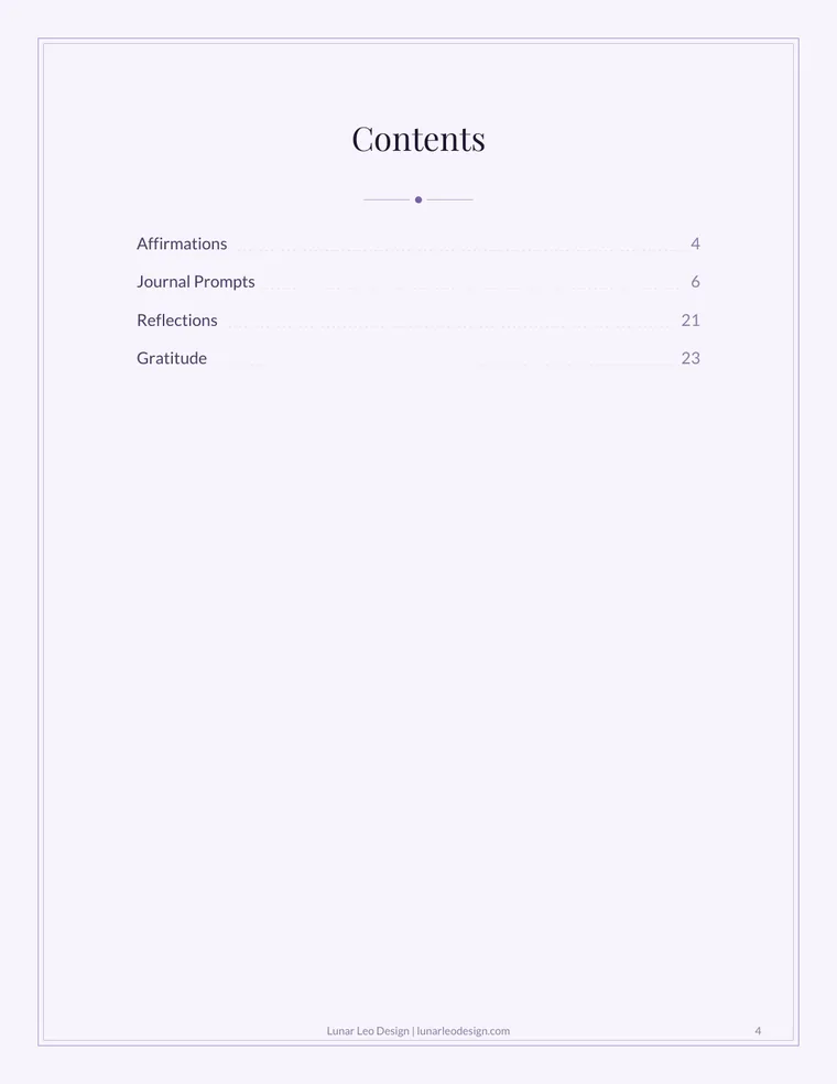 Sample journal contents page listing affirmations, journal prompts, reflections, and gratitude