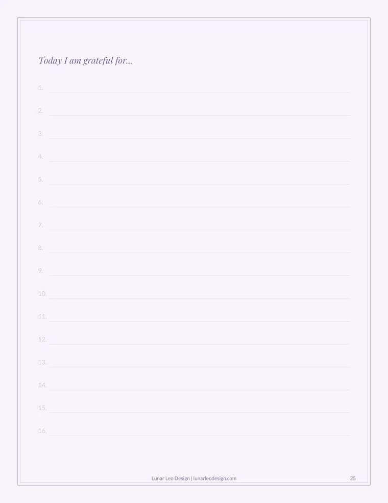 Sample journal gratitude page with numbered lines