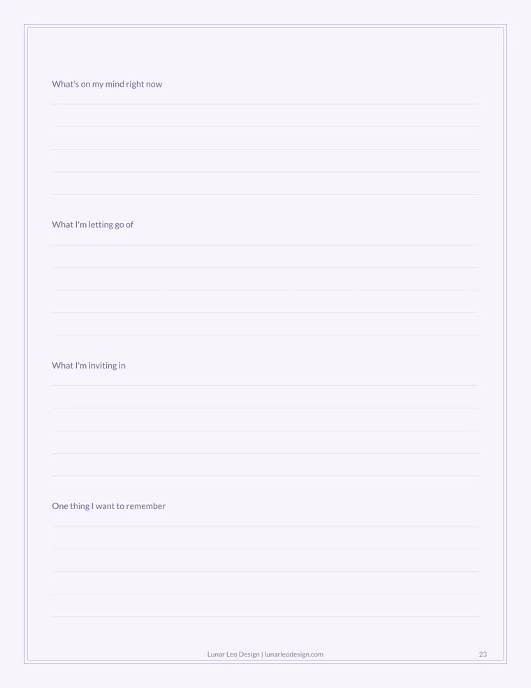 Sample journal reflection page with sections for what's on my mind, letting go, inviting in, and one thing to remember