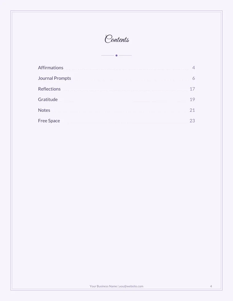 Sample journal contents page listing affirmations, journal prompts, reflections, gratitude, notes, and free space