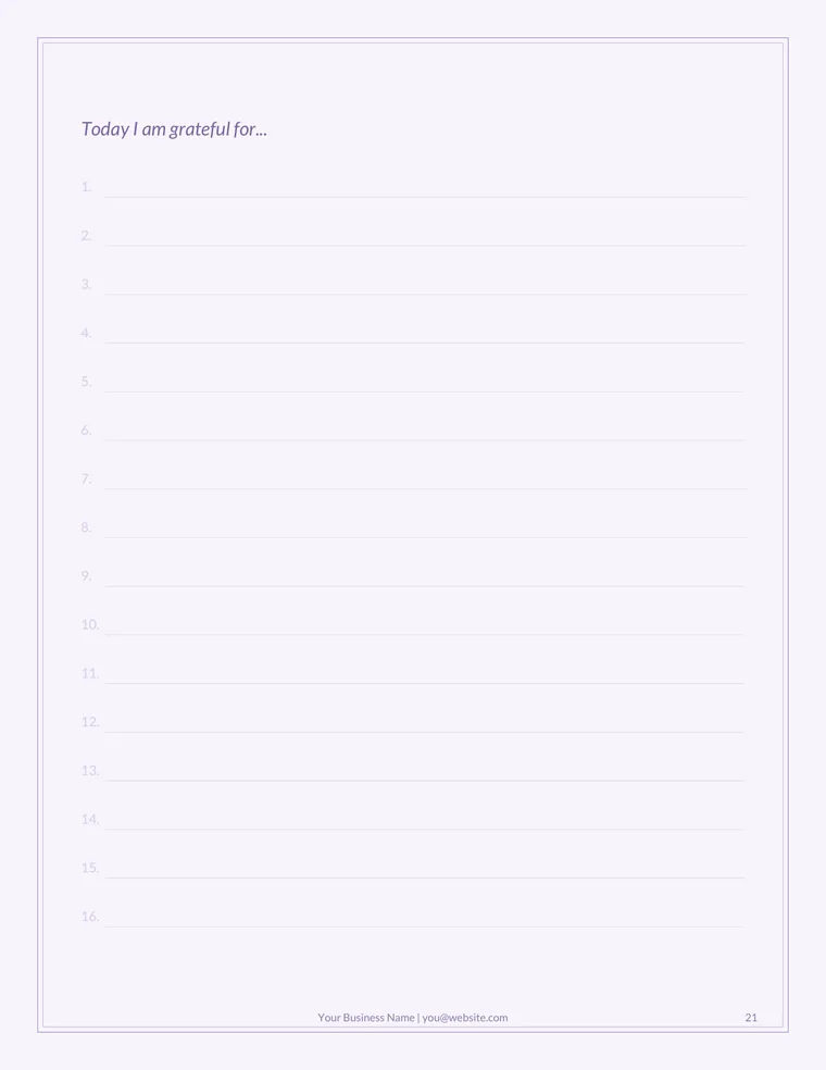 Sample journal gratitude page with numbered lines