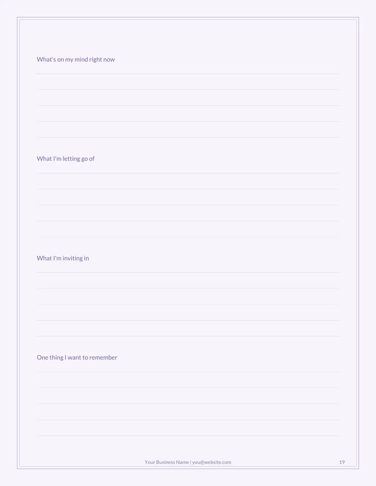 Sample journal reflection page with sections for what's on my mind, letting go, inviting in, and one thing to remember