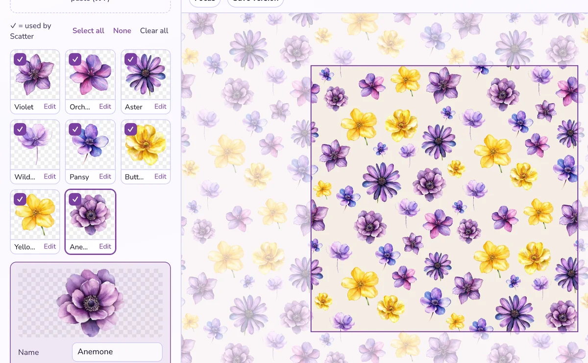 Eight watercolor flower motifs loaded as separate elements, with their backgrounds removed