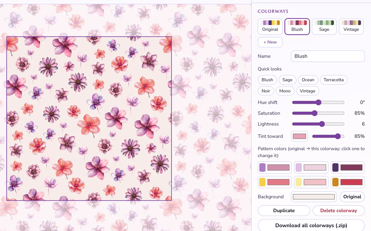 The same flower pattern recolored in a soft blush colorway