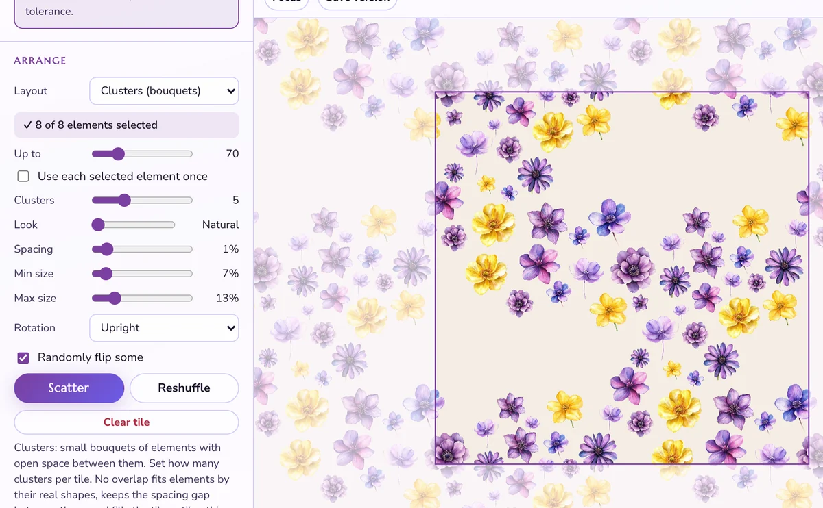A clusters layout, with the flower motifs grouped into small bouquets on the tile