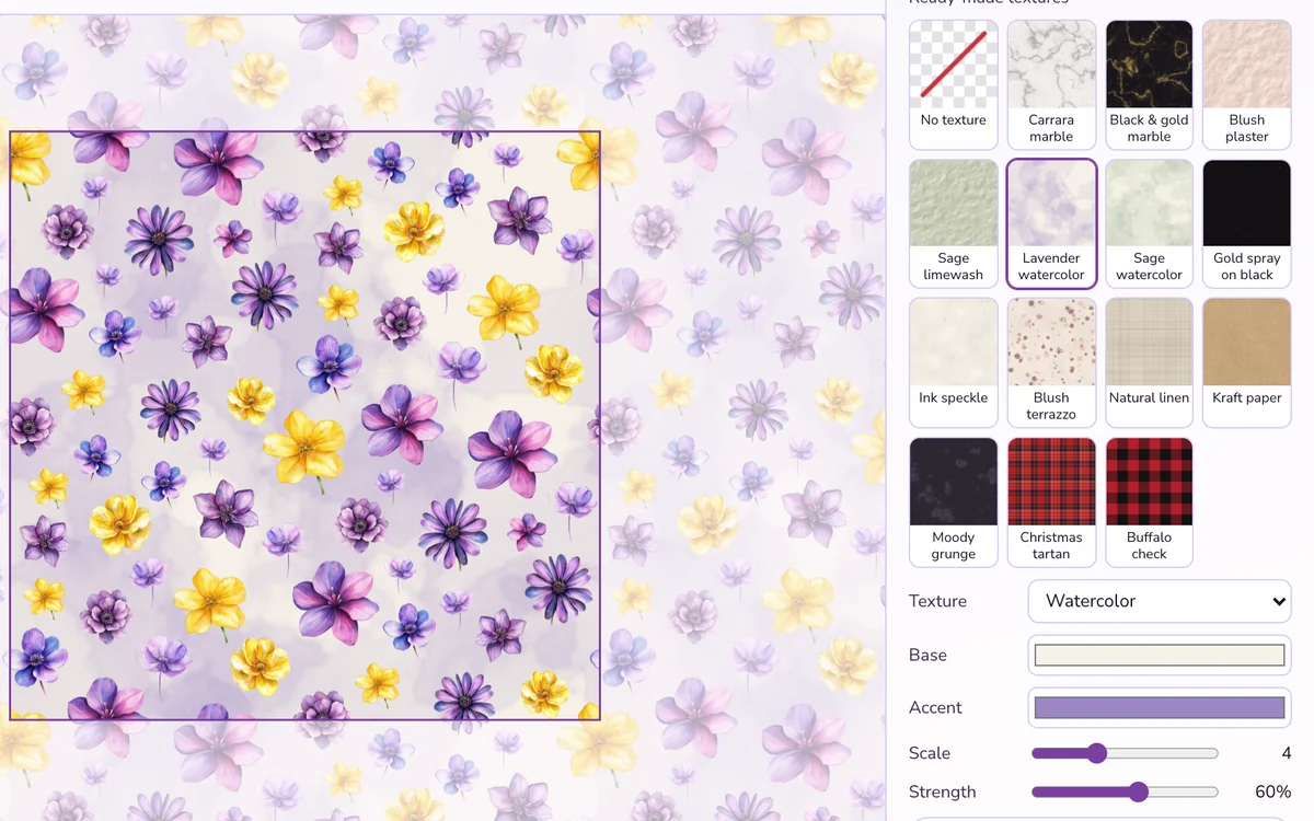A seamless flower pattern on a lavender watercolor texture background in the Repeat Lab