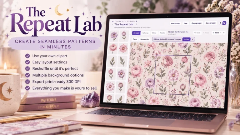 The Repeat Lab seamless pattern maker open on a laptop, showing a floral pattern tile and a checklist of features