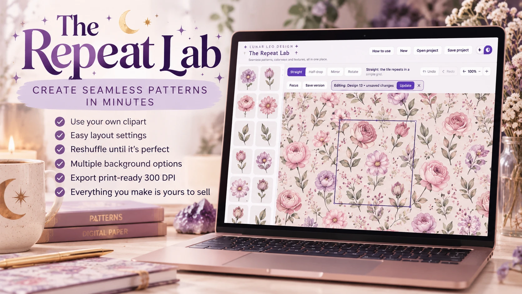 The Repeat Lab seamless pattern maker open on a laptop, showing a floral pattern tile and a checklist of features